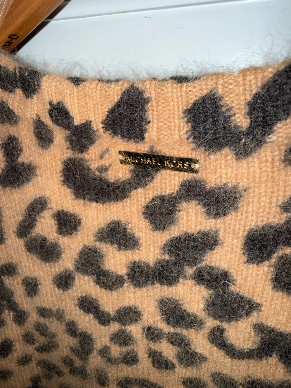 Michael Kors Leopard Print V-Neck Angora Rabbit Hair Sweater - Brown & Black